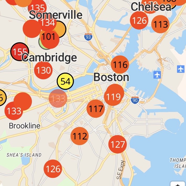 Sept 6th: A day of extreme heat and humidity with temperatures in the 90s and a heat index in the high 60s. As shown on the attached map/index, the air quality in Boston was at a dangerous level.The haze over the entire area was thick and persistent. In spite of scientific evidence to the contrary, too many people still insist that this heat, haze and humidity is just a weather event. Our volunteers at this standout agree with the science that these extreme conditions are exacerbated by human caused global warming through the continued use of fossil fuels.This is why we are insisting on NNFFI (No New Fossil Fuel Infrastructure in Massachusetts.)